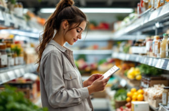 Женщина в супермаркете рассматривает продукты и читает этикетки.
