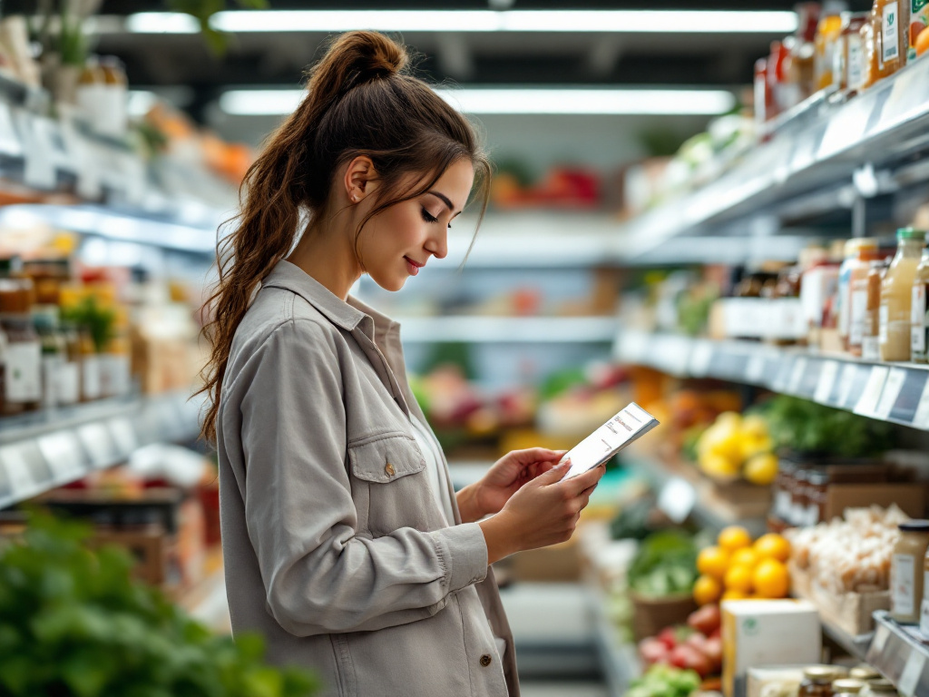 Женщина выбирает в супермаркете продукты и рассматривает этикетки.